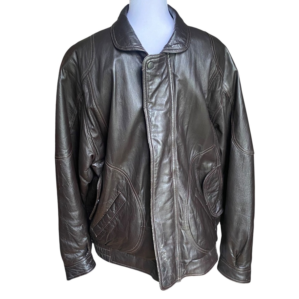 Evan-Picone Mens Vintage Leather Bomber Jacket Brown Size 42 Insulated Zip Up